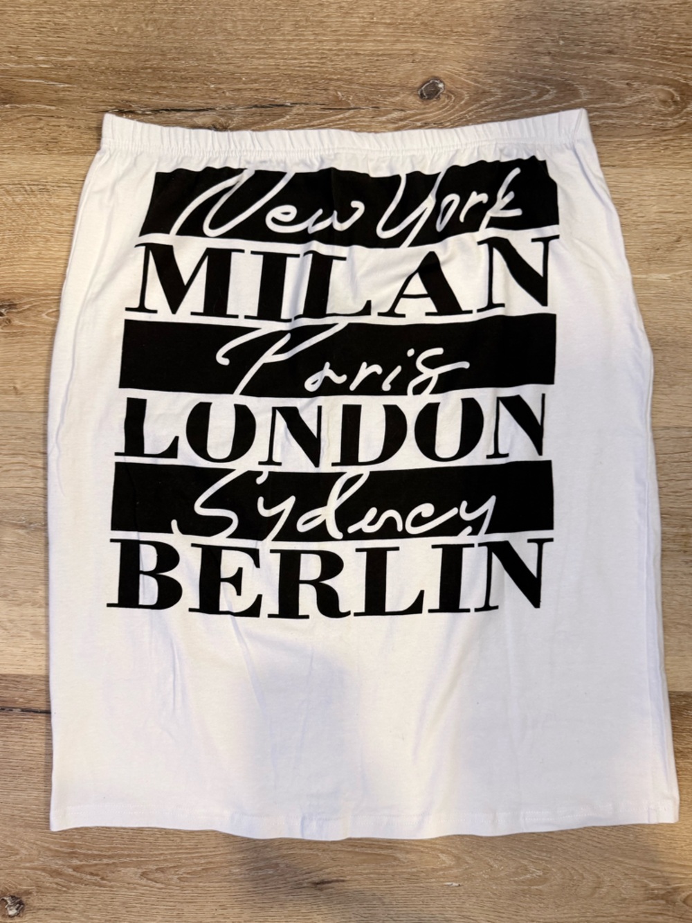 White Graphic Skirt with Black City Text